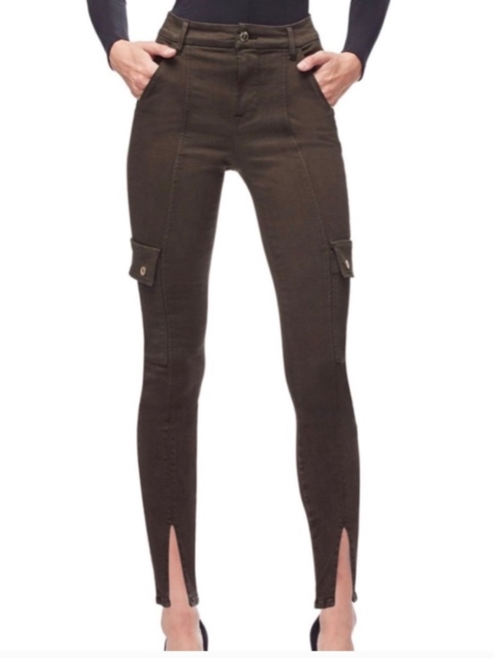 Good American Good Legs High Rise Skinny Front Slit Cargo Jeans Olive